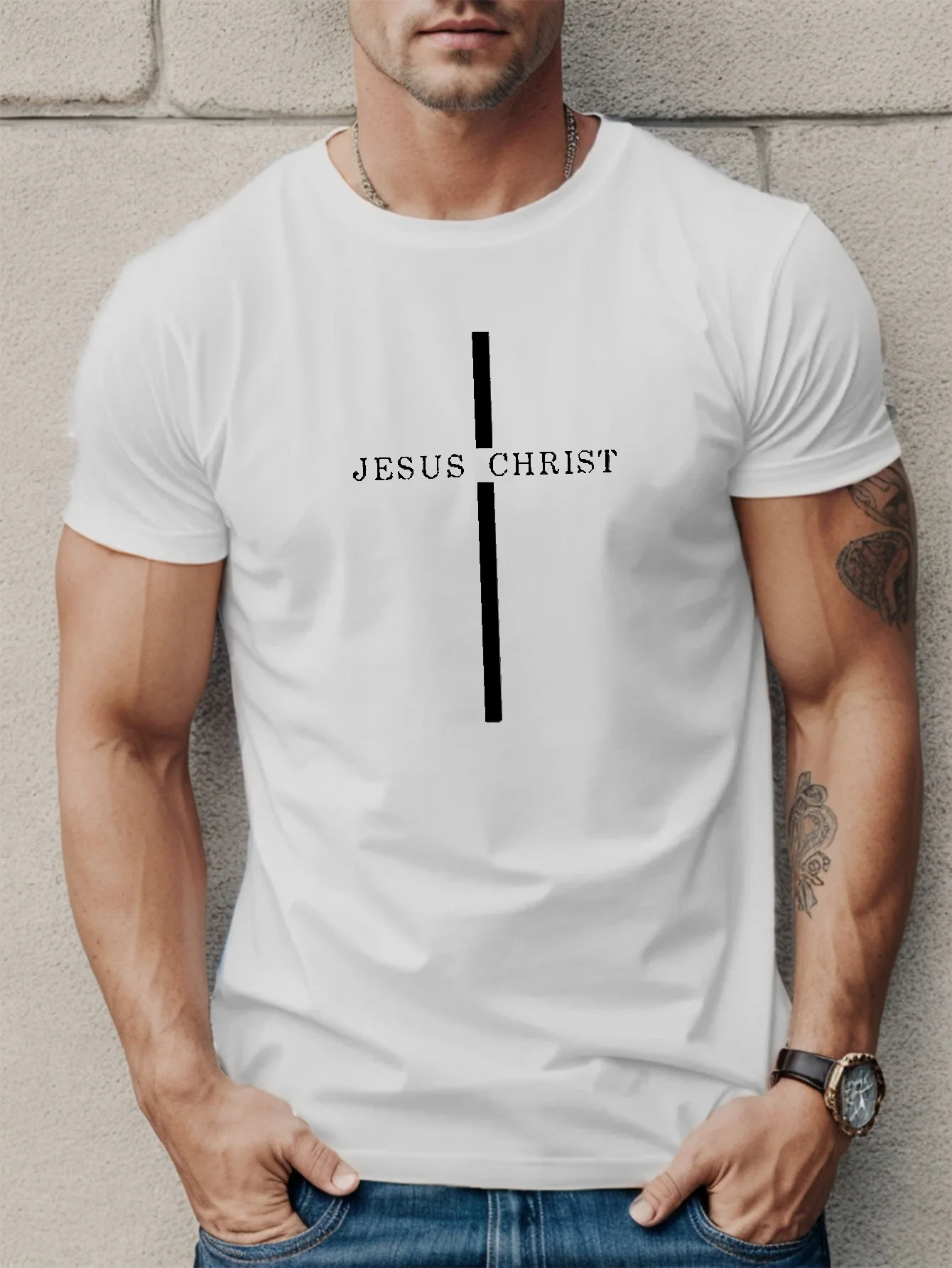 Lässiges, lockeres, atmungsaktives und modisches JESUS CHRISTUS-Buchstabenmuster-Top für Herren aus 100 % Baumwolle mit kurzen Ärmeln und Rundhalsausschnitt