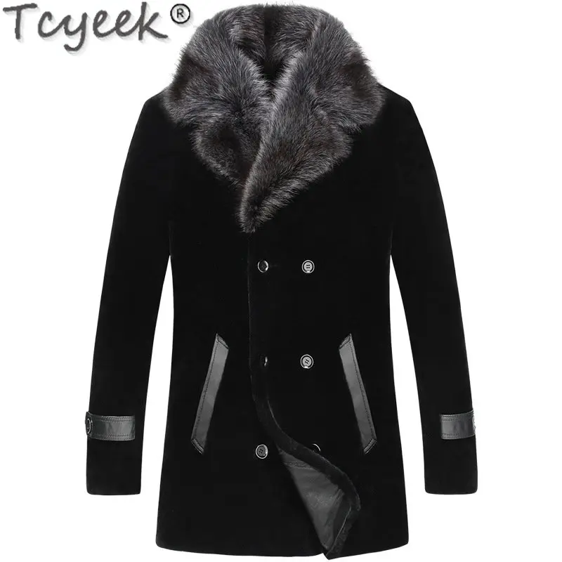 

Tcyeek Mid-length Warm Real Fur Coat Male Sheep Shearling Jacket Raccoon Fur Collar Fashion Wool Jackets Man Cothing Winter LM