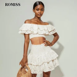 ROMISS Colorblock Two Piece Sets For Women Slash Neck Short Sleeve Top High Waist Patchwork Ruffles Skirt Print Set Female