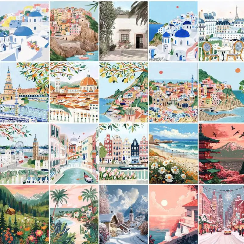 PhotoCustom Acrylic Painting By Numbers Frame Town Landscape Number Painting Paint Kit Painting Decors For Adults For Handicraft