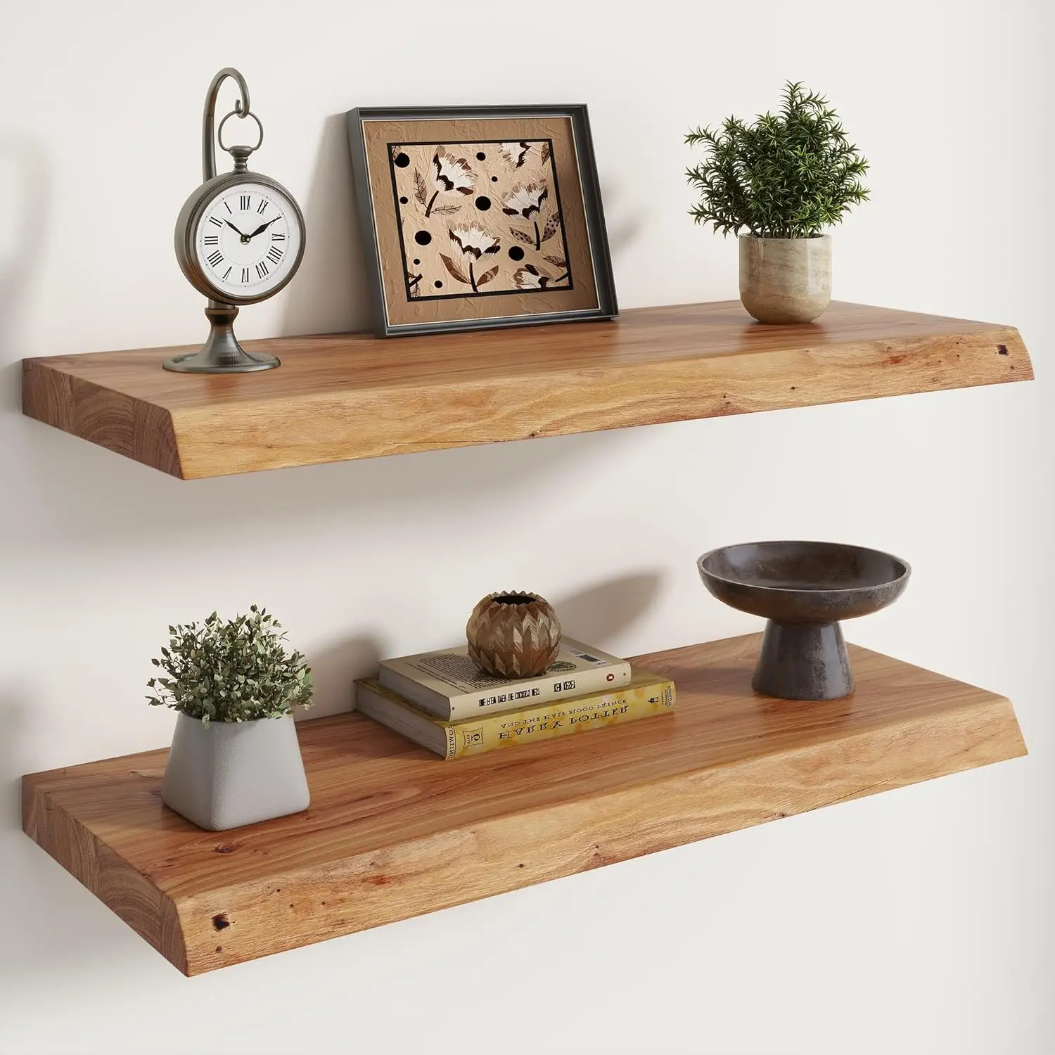 

Live Edge Elm Floating Shelves - 30" W x 9.3" D Rustic Solid Wood Wall Shelves with Invisible Bracket, Wall-Mt for...