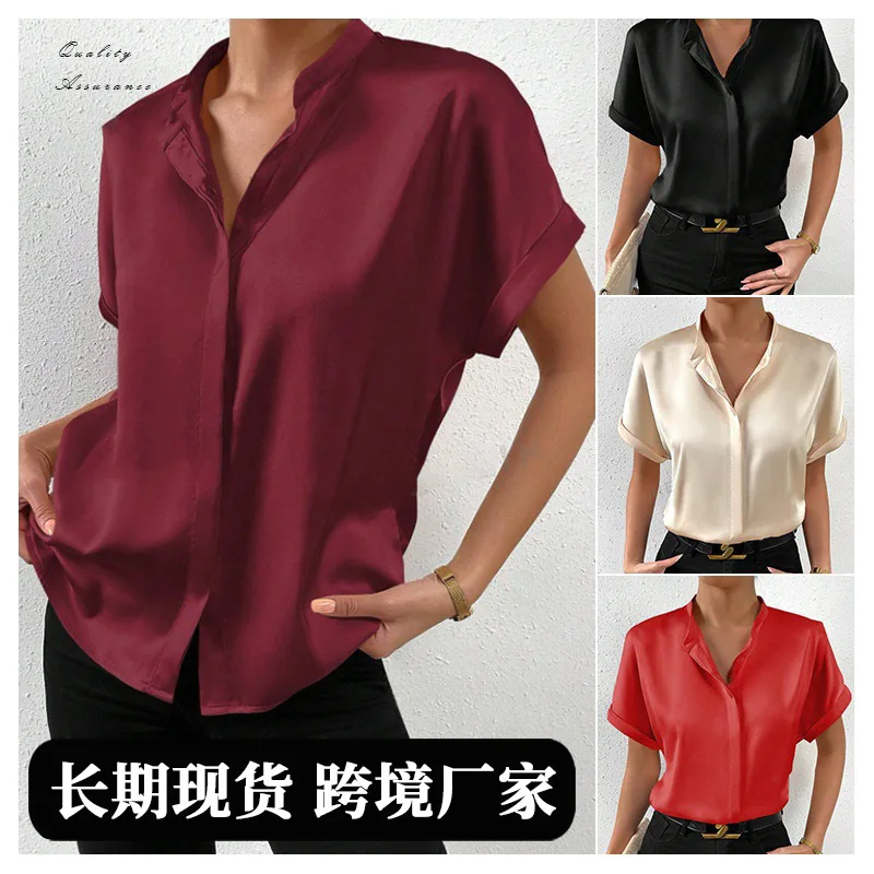 

Summer Women's Short-sleeved Shirt Hidden Button Stand-up Collar Cardigan Top Solid Color Simple Versatile Female Office Blouses