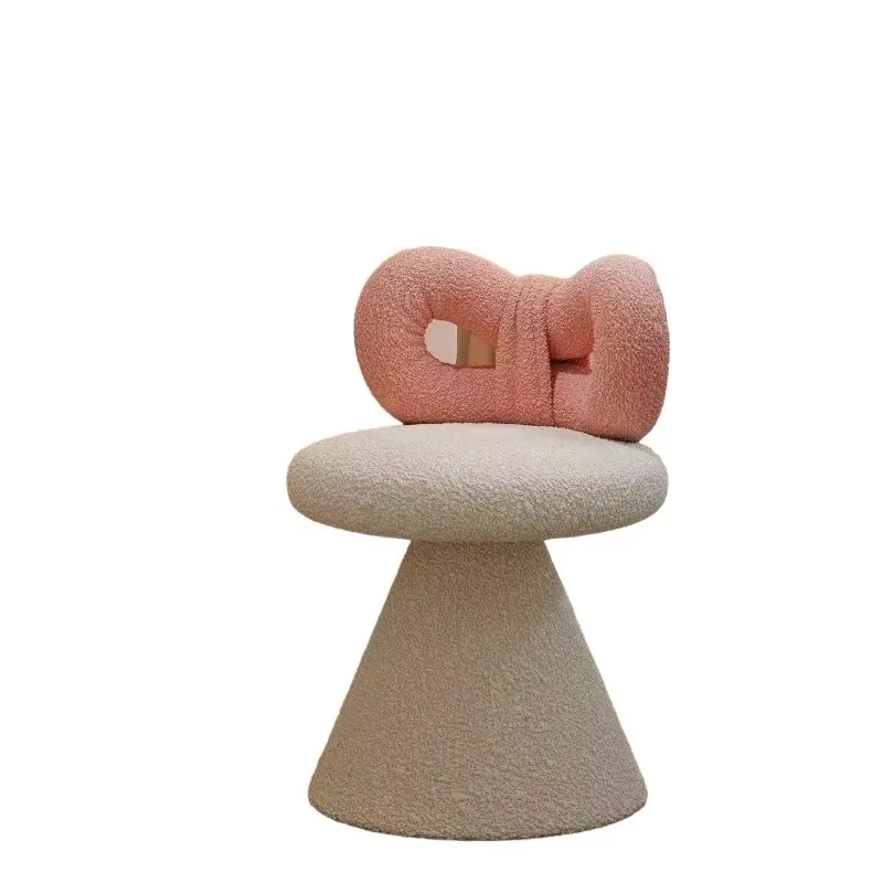 Cream Vanity Stool with Bow Back, Rotating Faux Sheepskin Makeup ChairNail Salon Stool for Dressing Table, Aesthetic Home Decor