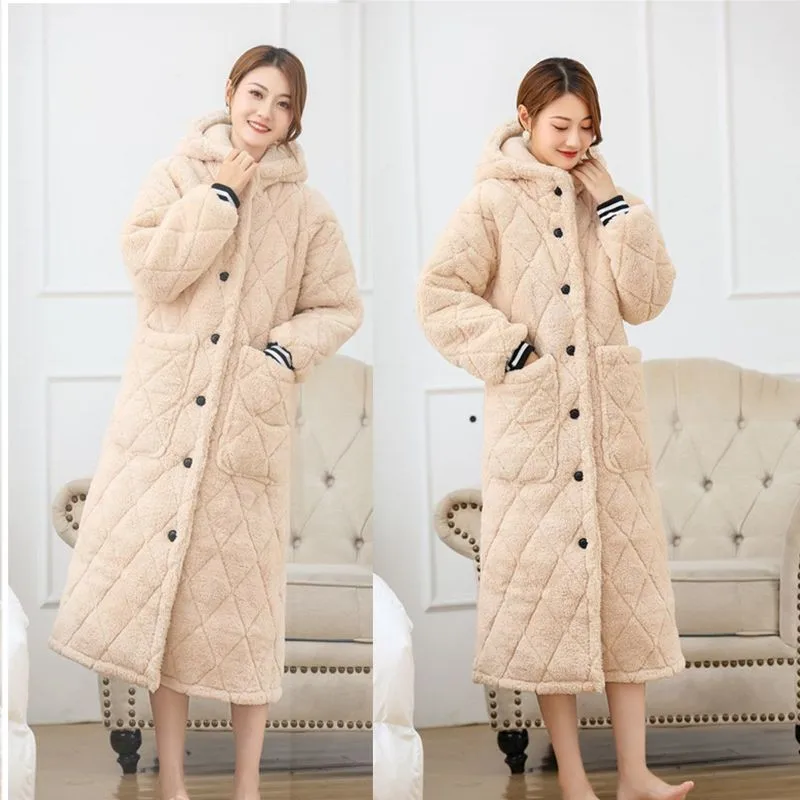 Winter Thicken Kimono Robe Long Sleeve Flannel Home Clothing Intimate Lingerie Women Beige Sleepwear Bathrobe Gown Nightwear