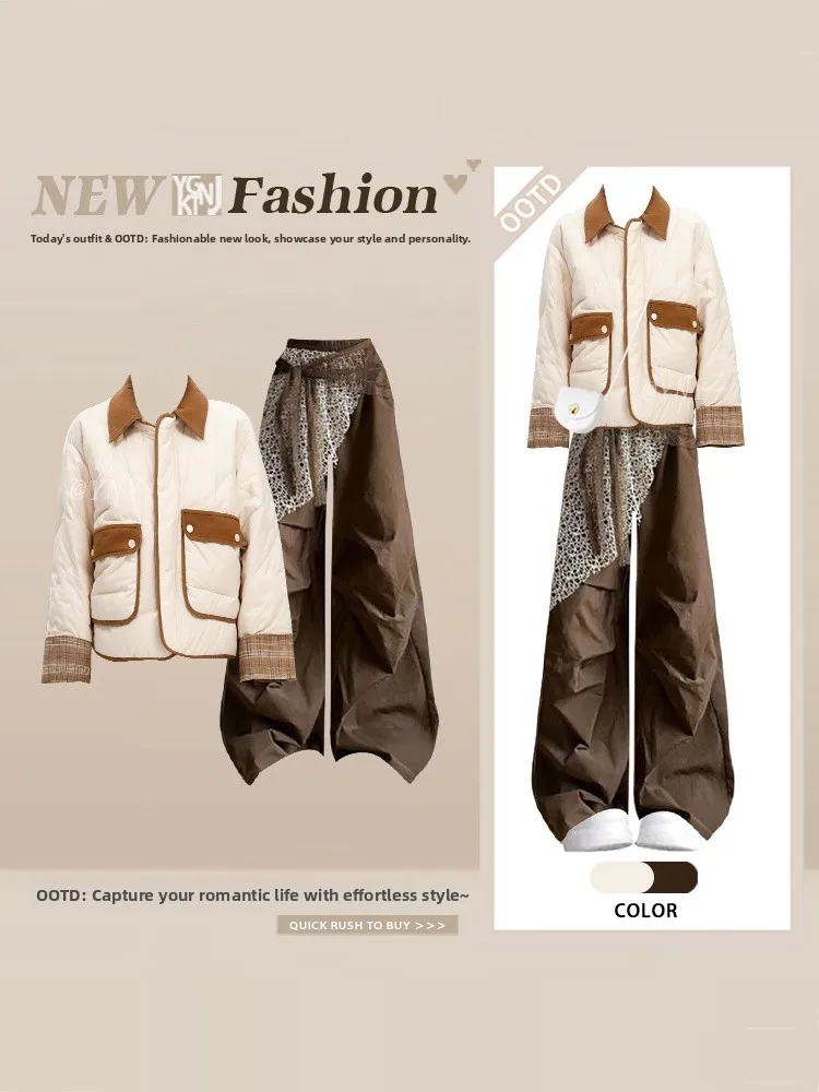 Chaud coton col Jaet couleur Blo tenue d'hiver taille haute jambe large pantalons décontractés Ensemble femmes Faion Ensemble