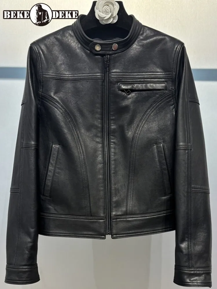 American Retro Style Zipper Ladies Genuine Leather Jacket Solid Color Cowhide Pocket Long Sleeves Slim Motorcycle Outerwear