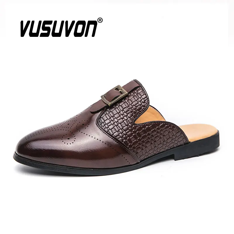 Men Mules Slippers Split Leather Loafers Moccasins Outdoor Non-slip Black Casual Slides Summer Spring Fashion Shoes 38-46