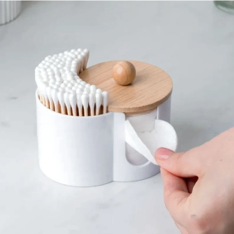 Home Desktop 2-In-1 Integrated Bamboo Cover Cotton Swab Box, Makeup Remover Cotton Storage Box, Double Hole Circular Storage Box