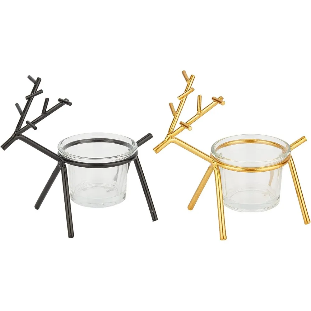 2 Colors Metal Tea Light Stands, Black and Gold Tea Light Holder Holidays Reindeer Tea Light Holder for Home, Table, Fireplace