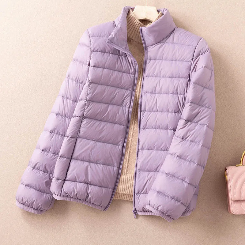 Schinteon Ultralight 90% White Duck Down Coat Casual Autumn Winter High Quality Outwear for Women Stand Collar Portable Storage