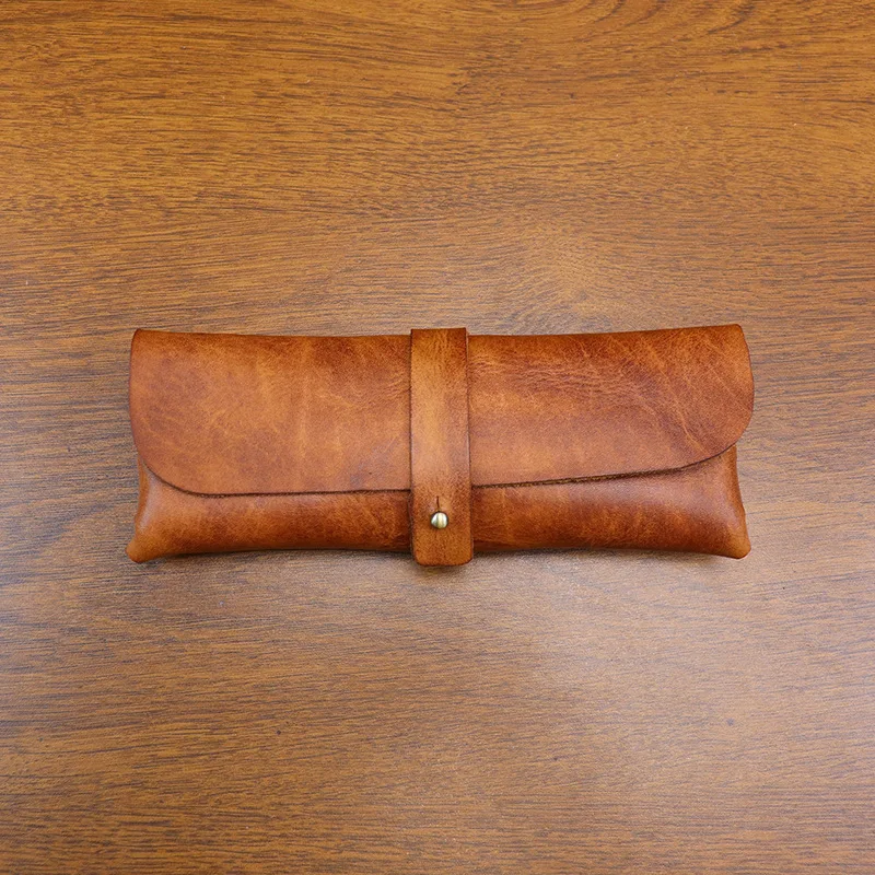 Korean Style Vintage Vegetable Tanned Leather Long Wallet Pencil Case Large Capacity Multi-Purpose Stationery Eyeglass Holder