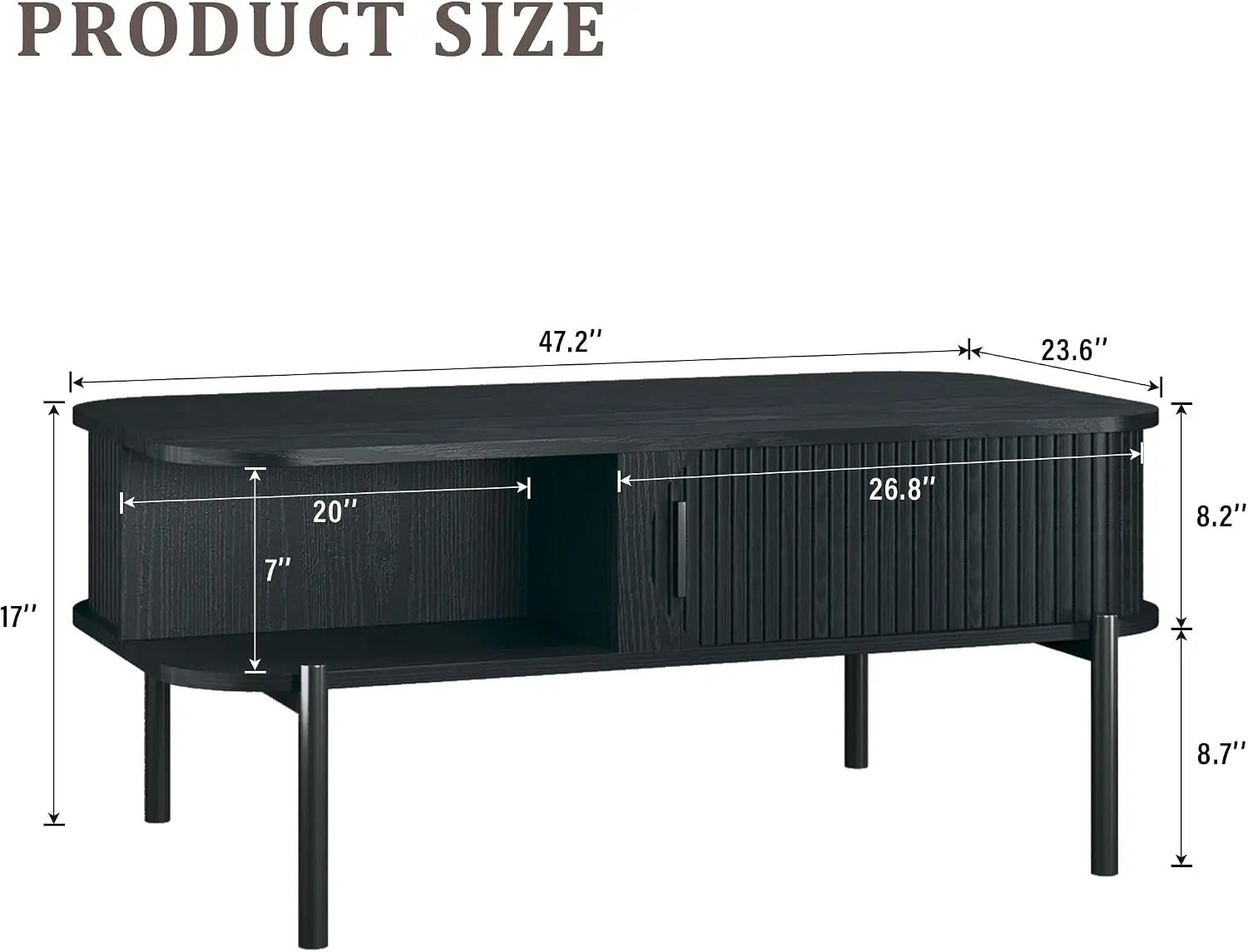 Mid Century Modern Coffee Table, Living Room Center Accent Table, Fluted Sliding Door Storage Organizer Rack, Rustic Wood Cocktail Furniture Unit, Black