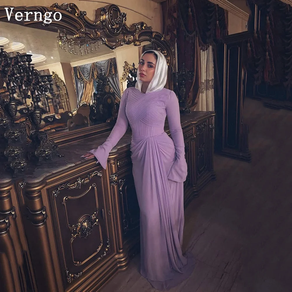 

Verngo Purple Crepe Evening Dress High Neck Full Sleeves Party Dress Elegant Mermaid Pleated Formal Occasion Dress Customized