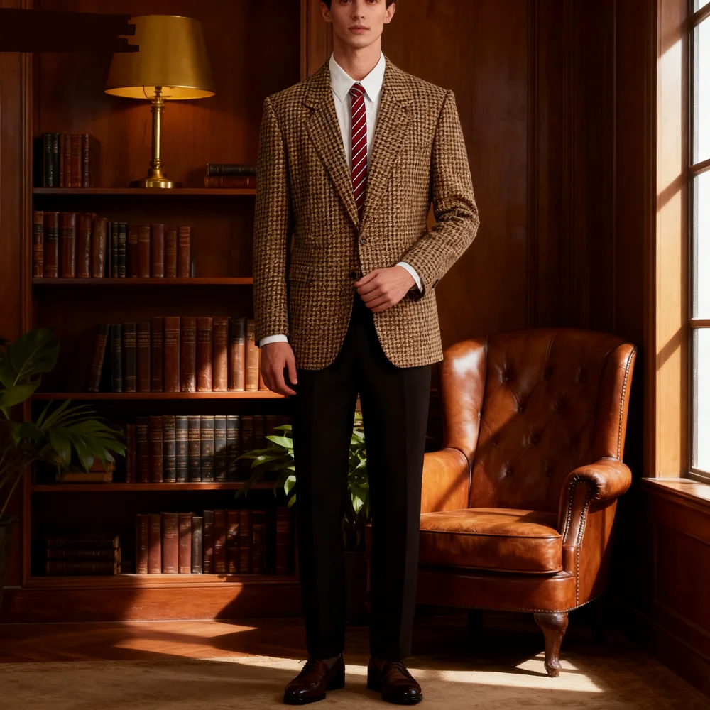 

Мужской коричневый пиджак с узором «гусиные лапки», приталенный смокинг, клетчатая куртка с лацканами для выпускного танца, цельная повседневная верхняя одежда