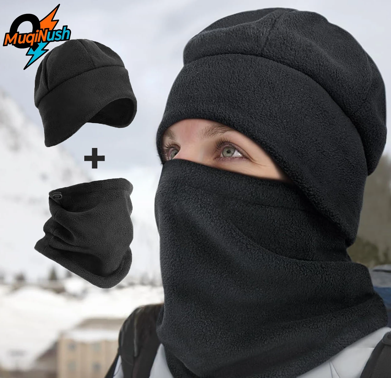 

MuqiNush 2pcs Set Neck Gaiter and Hat-Windproof Face Mask Autumn and Winter for Skiing,Warm Fleece-Lined Neck Scarf and Cap