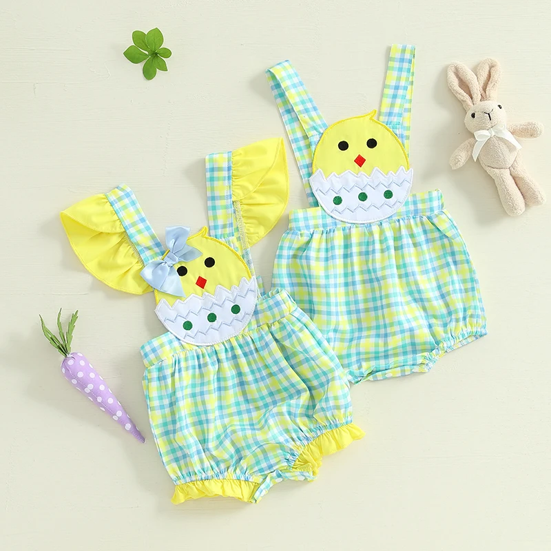 0-18M Newborn Baby Easter Romper Overalls Chick Embroidery Plaid Print Sleeveless Suspender Shorts for Infant Boys and Girls