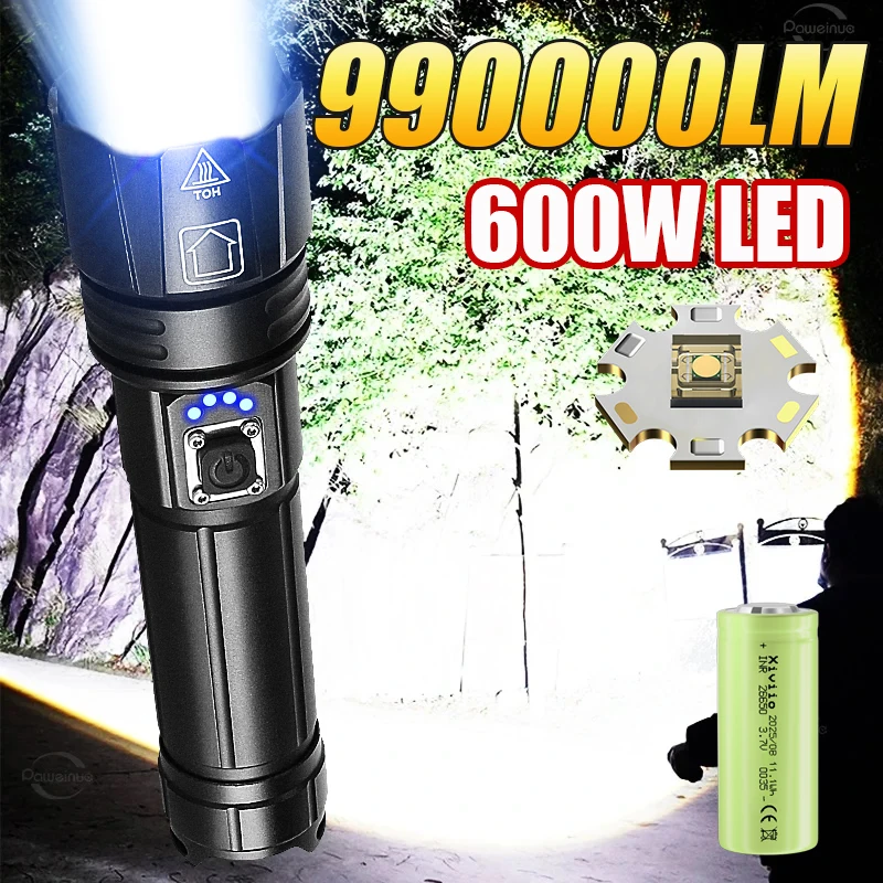 

990000LM 600 Вт светодиодный фонарик портативная перезаряжаемая лампа супер яркий фонарь тактические фонари уличные фонари для рыбалки и кемпинга