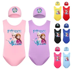 Maillot de bain une pièce pour filles, ensemble de 2 pièces, imprimé dessin animé Anna Elsa, vêtements de plage pour enfants