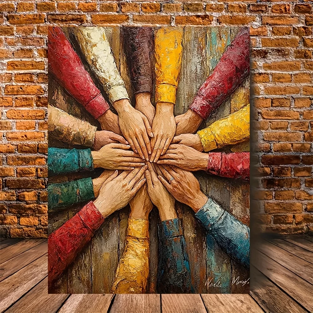 1pc Framed Canvas Wall Art - Teamwork Helping Hands Inspirational, Vibrant Colors Motivational Office Decor for Workplace Suc
