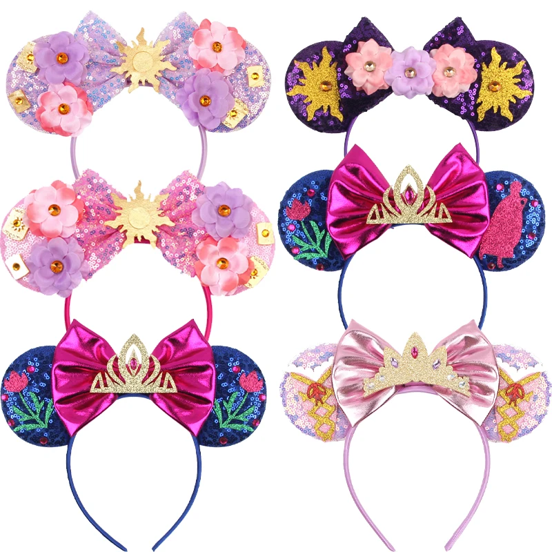 Mickey Mouse Prinzessinnen-Stirnband mit Ohren für Kinder, Rapunzel-Haarband für Frauen, magisches Hexagramm-Haar-Accessoire, Mädchen-Haarschmuck mit Pailletten und Schleife