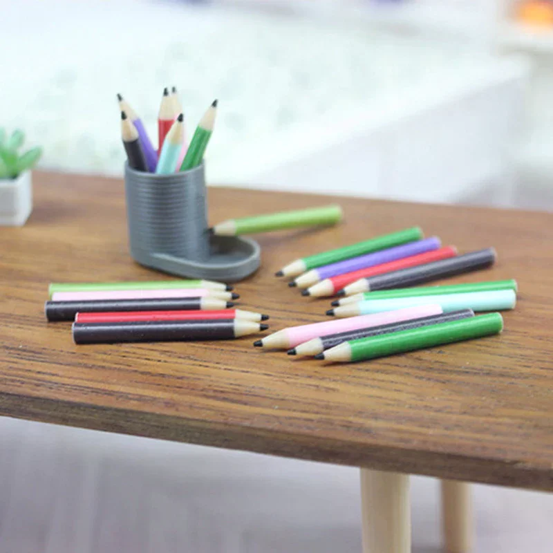 1 ensemble 1:12 maison de poupée Miniature maison de poupée porte-stylo + 6 crayons de couleur ensemble poupée décor à la maison semblant jouer maison de poupée papeterie jouets