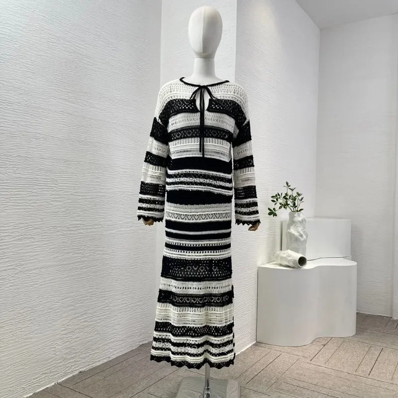 

Women's Black White Striped Hollow Knitting Long Sleeve Blouse Tops and Midi Skirt Set for 2024 High Quality