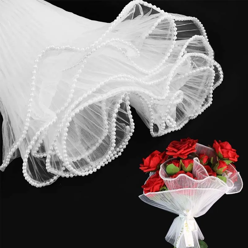 White Floral Packaging for Bouquets Including Decorative Mesh Wrapping Paper, Pearl-Edged Wrapping Paper, Wrinkled Wave Mesh
