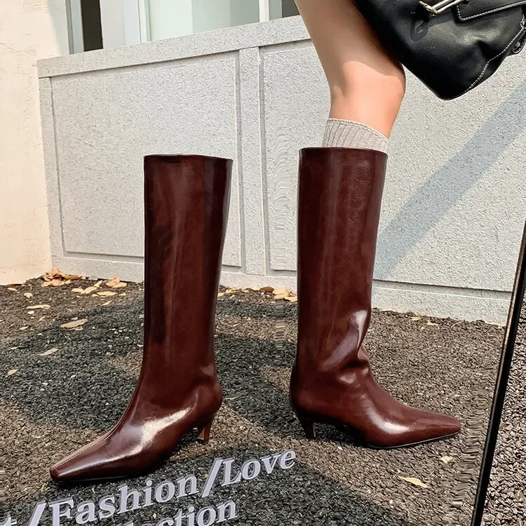 2024New Ankela Red Thin Heel Women's Long Tube Square Head Genuine Leather Middle Heel Large Tube Waist Thin Boots Not Over Knee