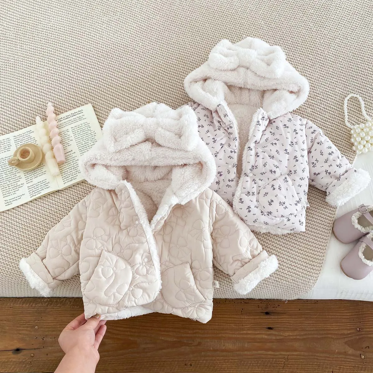 Baby fleece-lined Winter Men's and Women's Baby Clothes Bowknot Hooded Korean-style Newborn Warm Cotton-padded Jacket