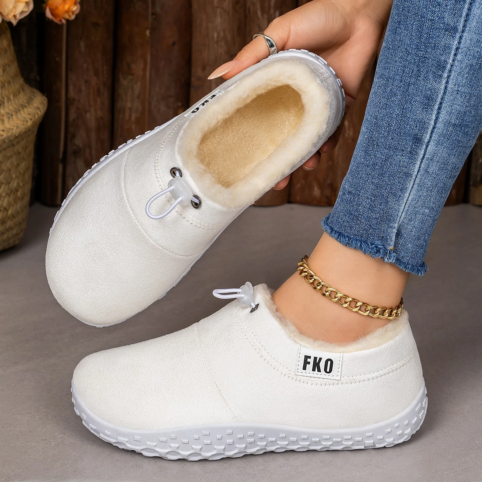 Damen-Winterschuhe mit Fleece-Futter, zum Überziehen, mit Kordelzug am Schaft, warm, rutschfest, flache Stiefeletten, für den Außenbereich, lässig, kurze Schneestiefel. – Detail 4