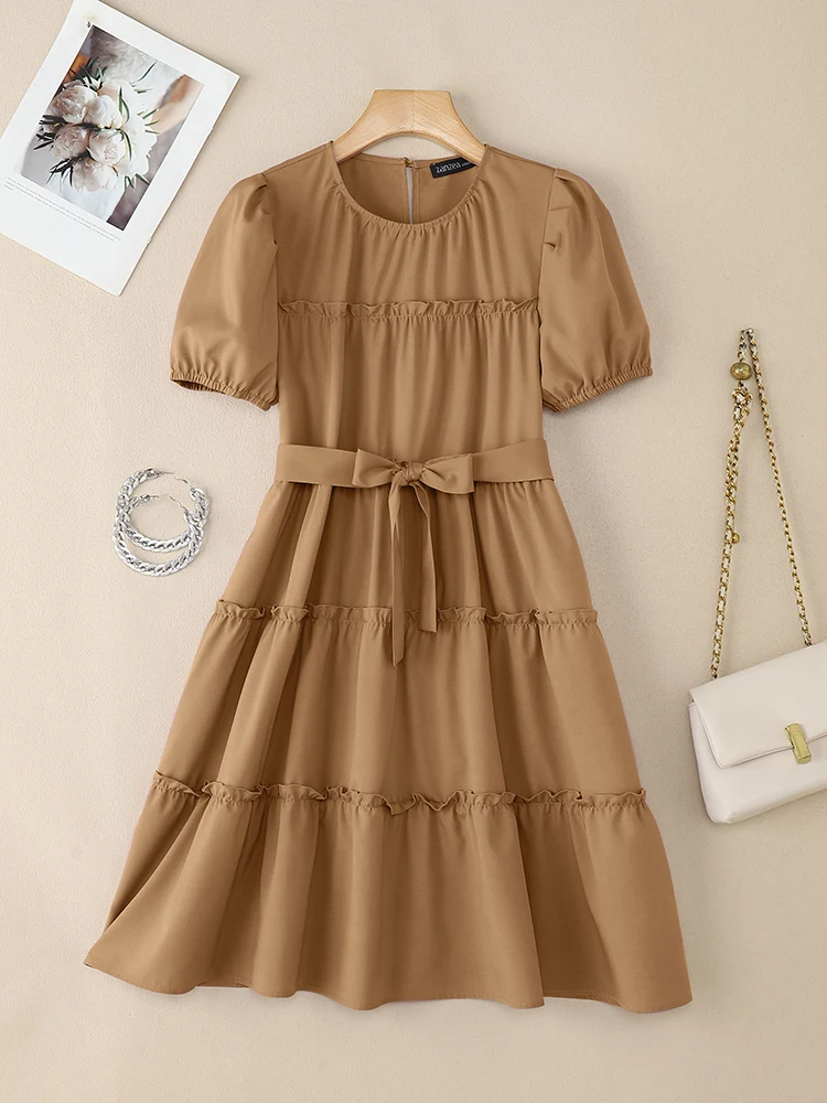 ZANZEA Stylish Ruffled Party Dresses Women 2025 Summer Dress O Neck Short Sleeve Sundress Belted Robe Elegant A Line Vestidos