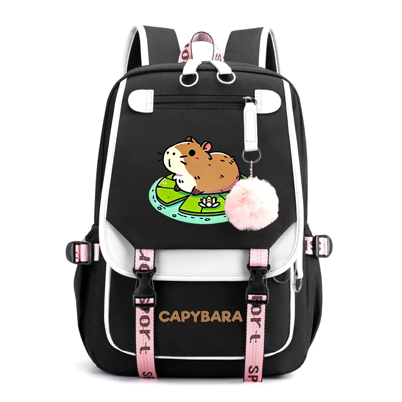 Cute Animal Capybara Printed Student Schoolbag Girls Black Backpack USB Travel Bag