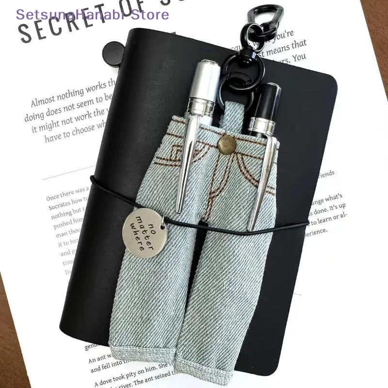 [W]Vintage Mini Denim Pants Pen Holder Clip Cute Jeans Shape Pen Organizer Keyring Portable Fabric Stationery Bag Student Gift