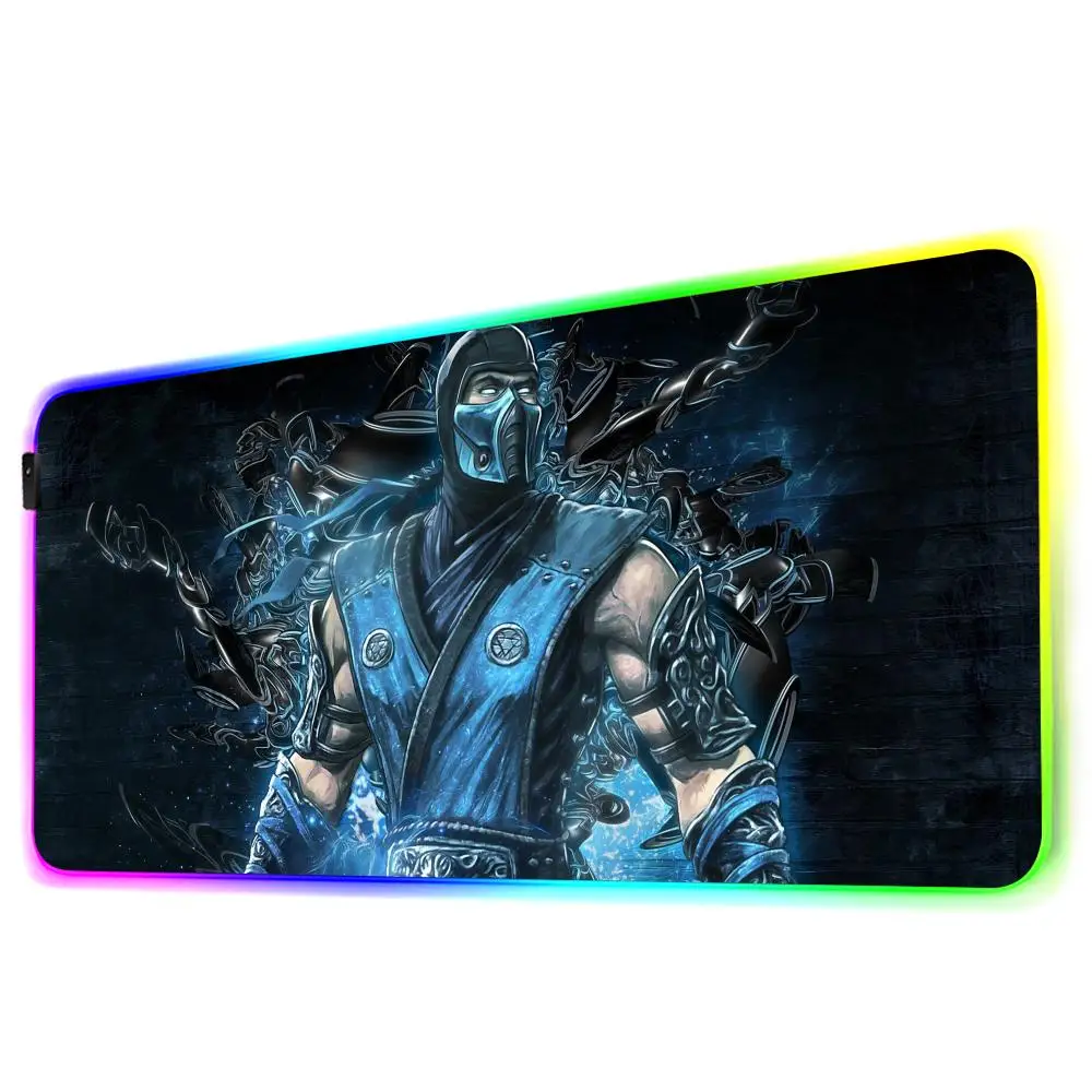 แผ่นรองเมาส์ Mortal Kombat สำหรับนักเล่นเกมเม้าส์ lampu belakang RGB แผ่นรองปูโต๊ะ LED อุปกรณ์เสริมสำหรับเล่นเกมแผ่นรองเมาส์แบล็คไลท์ขนาดใหญ่