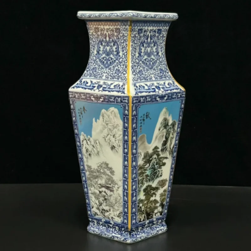 Antique Ceramic Qing Qianlong Blue and White Four Seasons Pattern Square Vase Home Office Chinese style Decorative Ornament