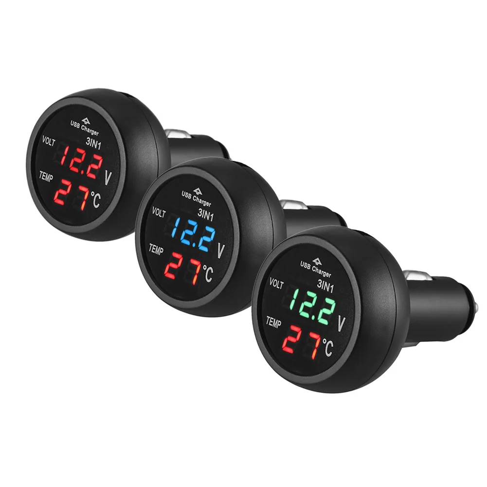 3 in 1 12/24V Car Volt Meter With Digital LED Display USB Charging Charger Temperature Meter Voltmeter Charger Cigarette Lighter