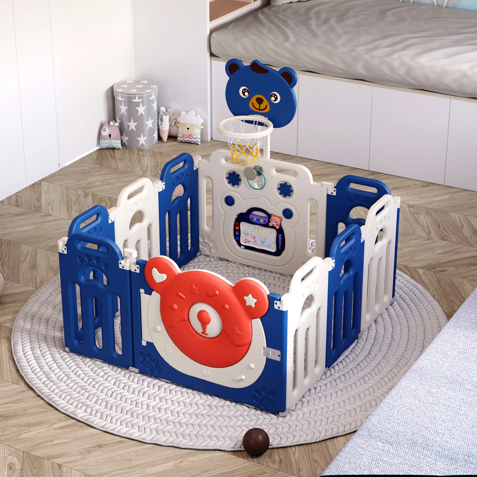 Blue and White Baby Playpen Kids Safety Gate with Basketball Hoop