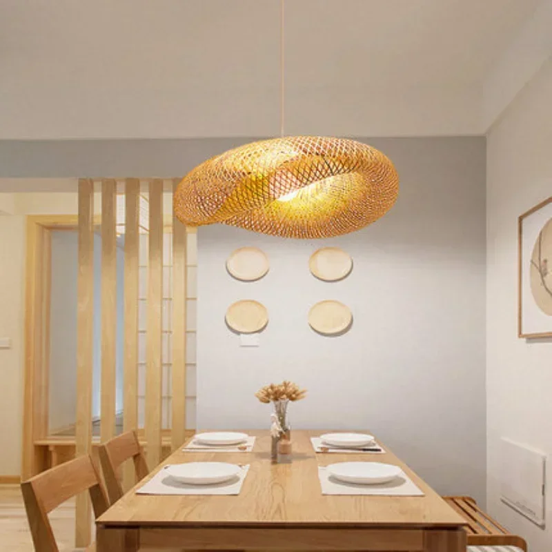 Bamboo Hanging LED Ceiling Light Weaving Chandelier Lamp Pendant Lamp Fixtures Rattan Woven Home Bedroom Decor