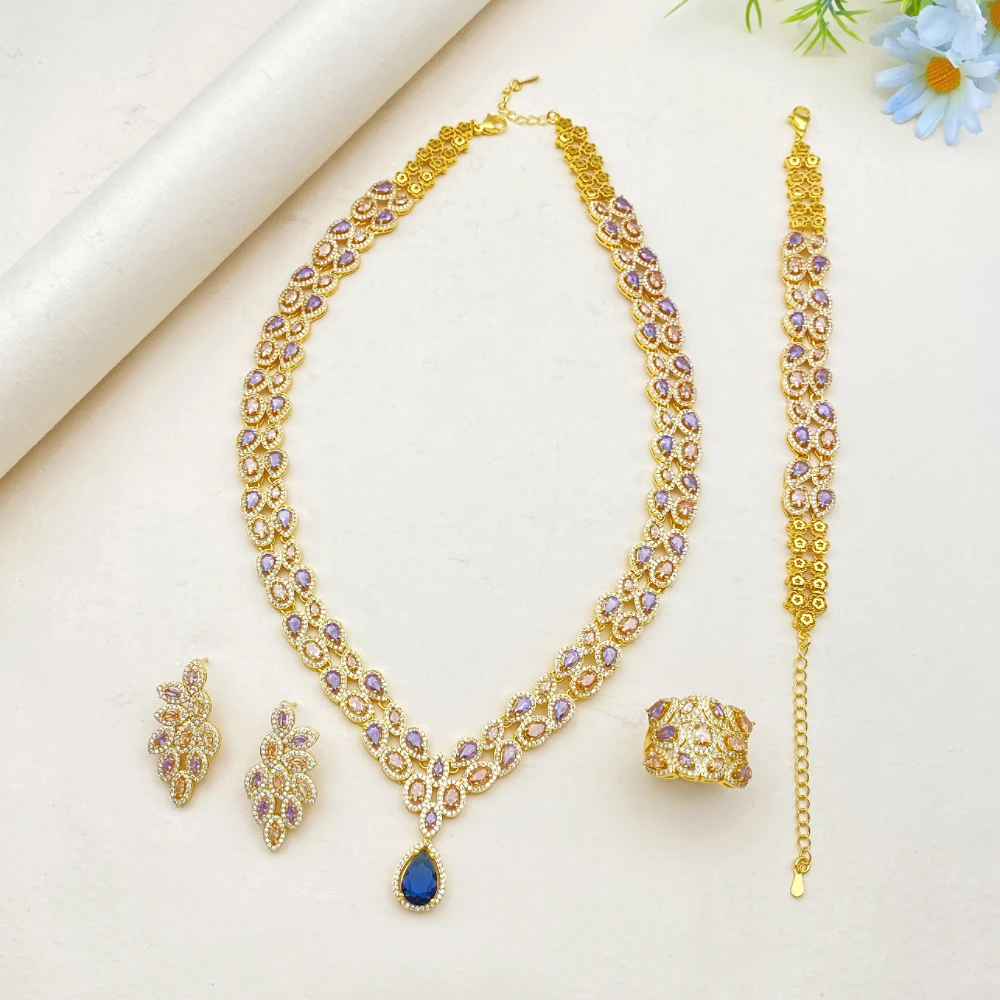 

Flora Waterdrop Pendant Gold-Plated Zircon Jewelry Set for Women Necklace Earrings Bracelet Ring Exquisite Style Accessory