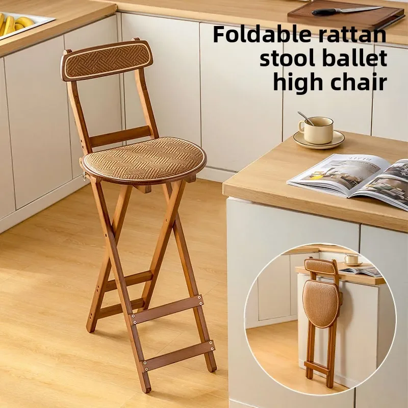 Durable Rattan Foldable Bar Chair Household High Stool Kitchen Bar Stool Portable Soft Bag with Backrest Dining Chair