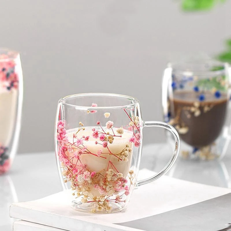 Creatives Real Flower Double Glass High Appearance Level Full Star Dried Flower Milk Coffee Glass 350Ml Household Cup