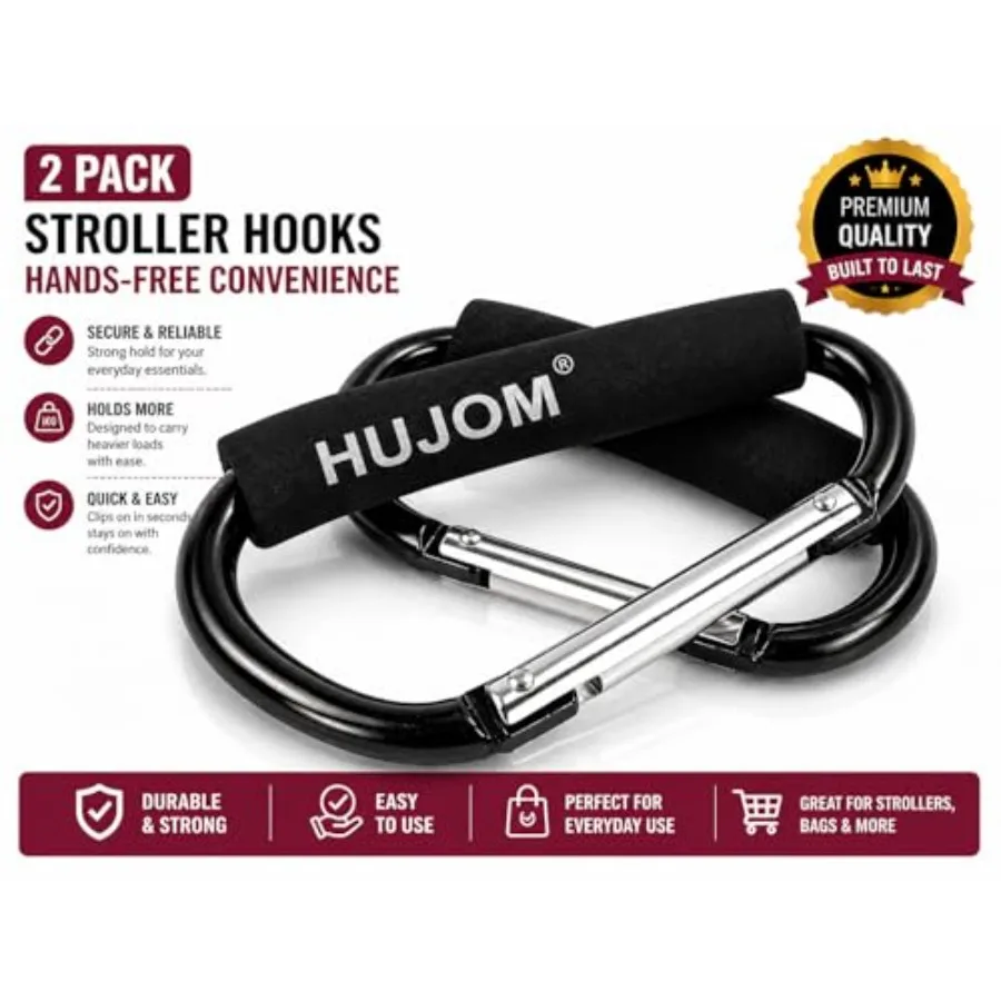 Stroller Hooks 2 Pack Heavy Duty Large Carabiner Clips for Bags and Baby Gear Universal Fit, Hang Diaper, Purse, Grocery and Sh