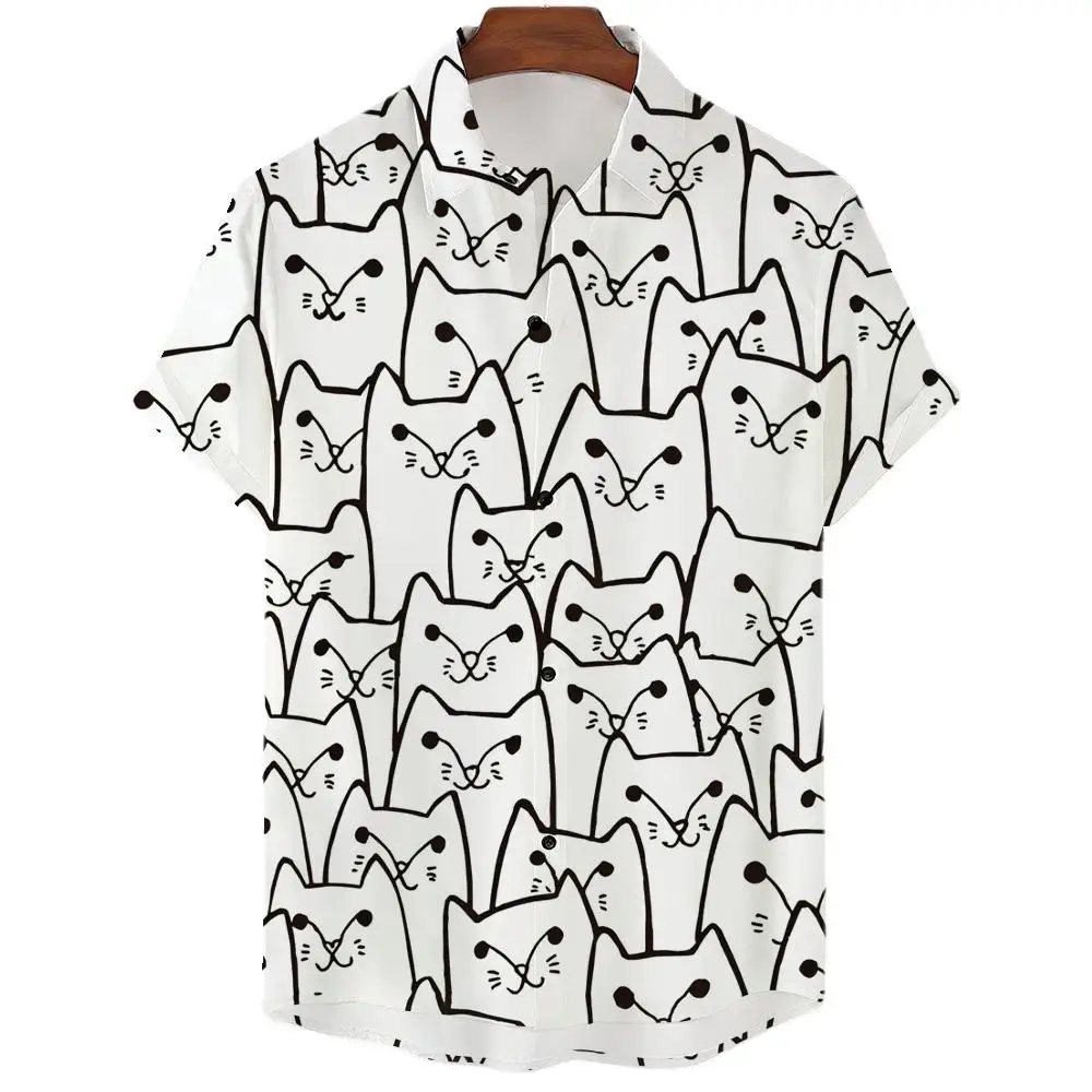 2023 new Hawaiian shirt cartoon cat animal pattern, summer large size short sleeves