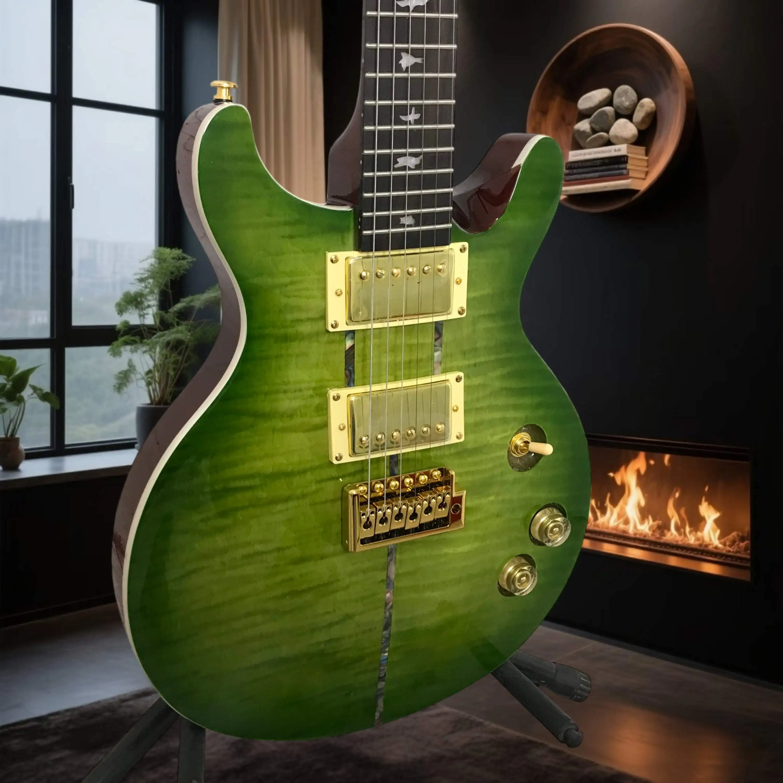 Emerald Green Burst PRS Electric Guitar Full Tremolo Dual Humbucker Gold Hardware Versatile Tone Progressive Metal Jazz Stage