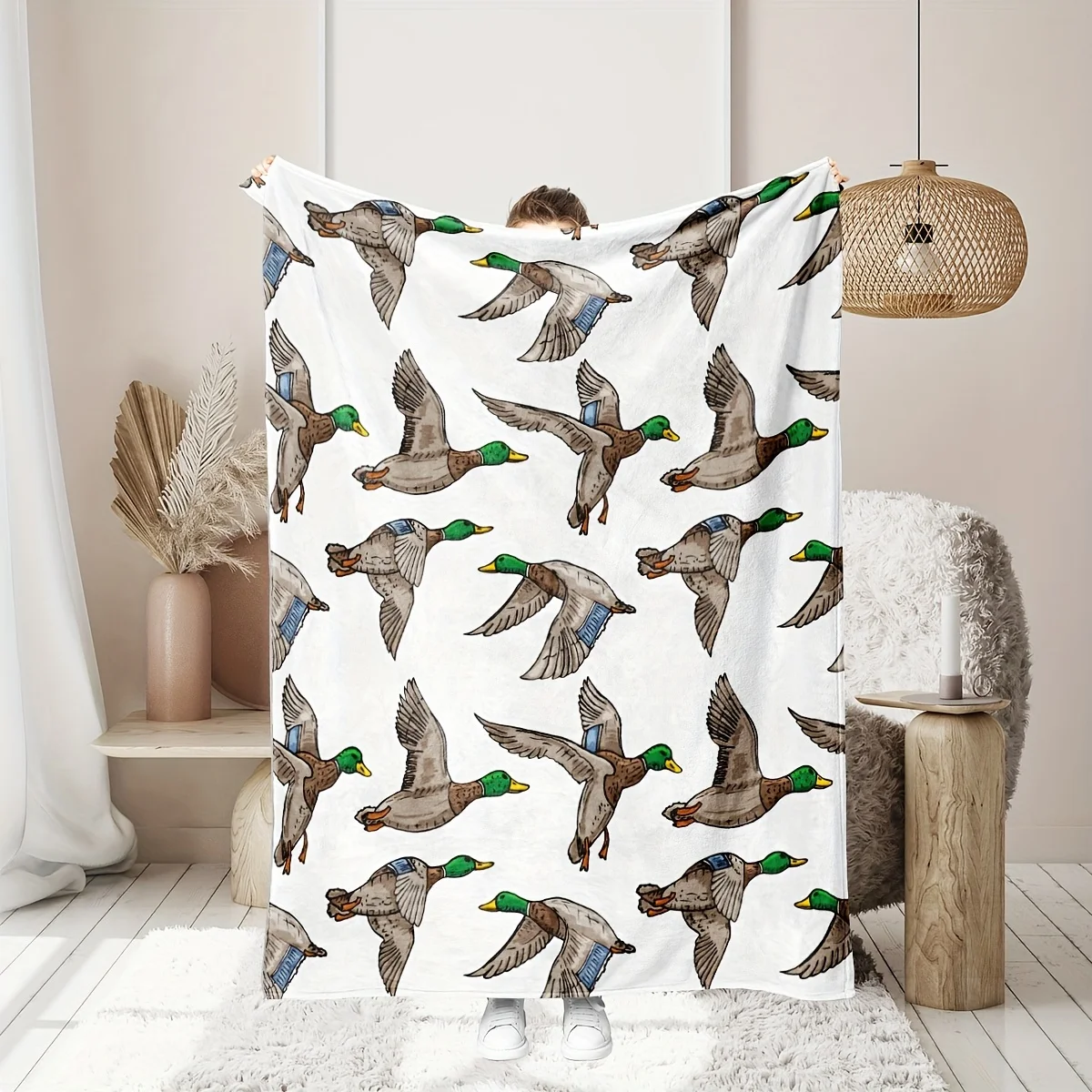 Elegant Green Head Duck Flannel Blanket Nature Inspired Colorful Ducks Design Tear Resistant All Season Use