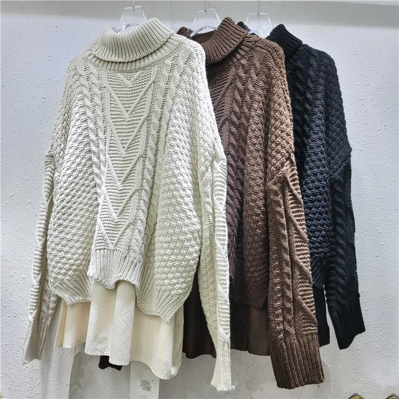 Retro Women Turtleneck Twist Crocheted Sweater Autumn Winter Ruffles Patchwork Pullover Medium Length Knitwear Jumpers Crop Tops