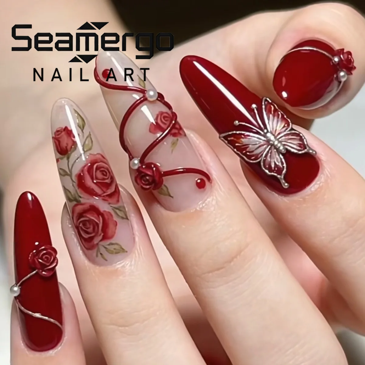 24 Uñas Postizas Color Borgoña en Forma de Almendra con Mariposa Plateada 3D, Flor de Rosa y Perla, Arte de Uñas para Mujer, Uñas a Presión