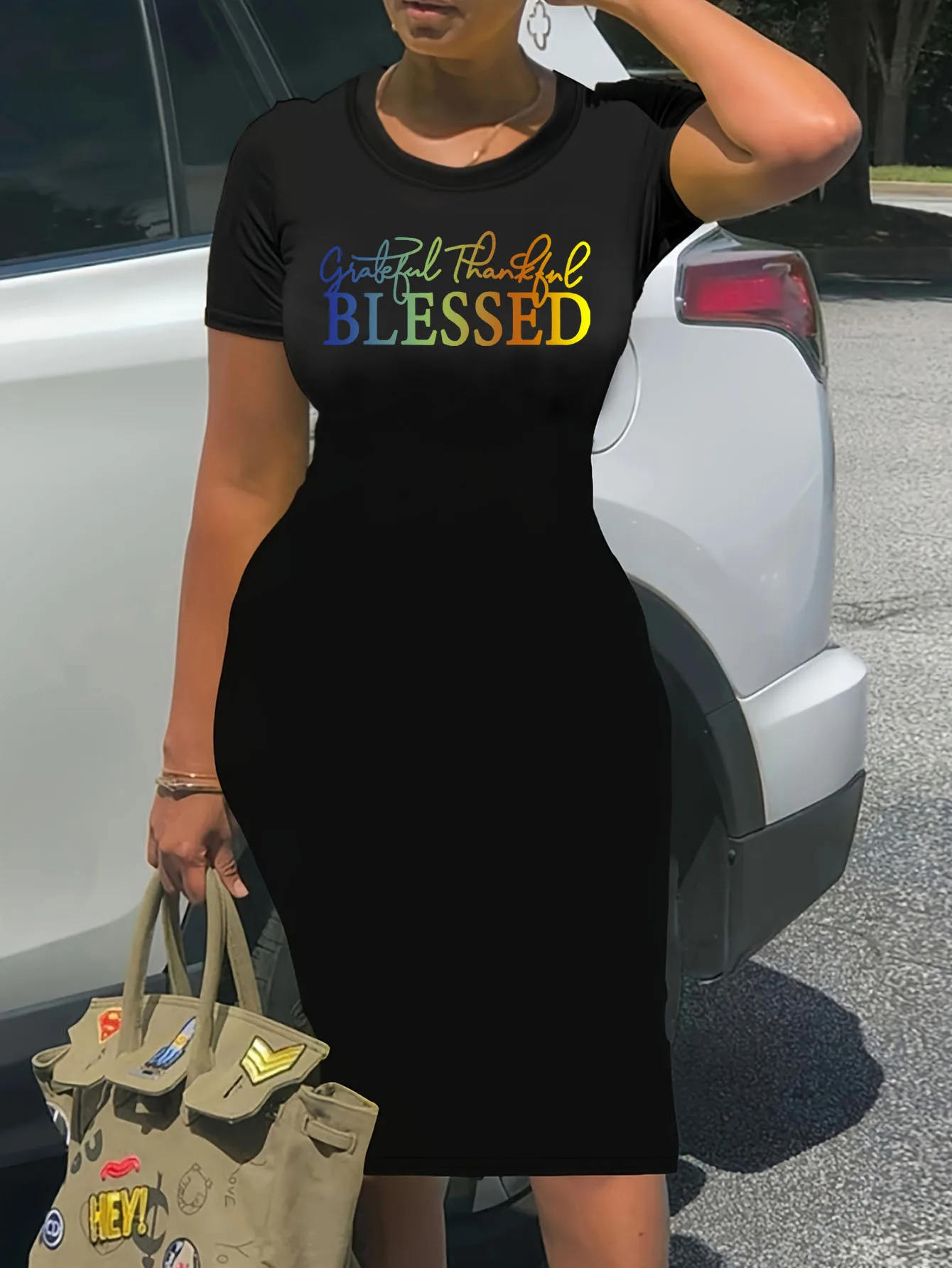 Abito estivo nero sexy da donna AMORE carattere stampa casual slim fit senza maniche girocollo T-shirt mini abito