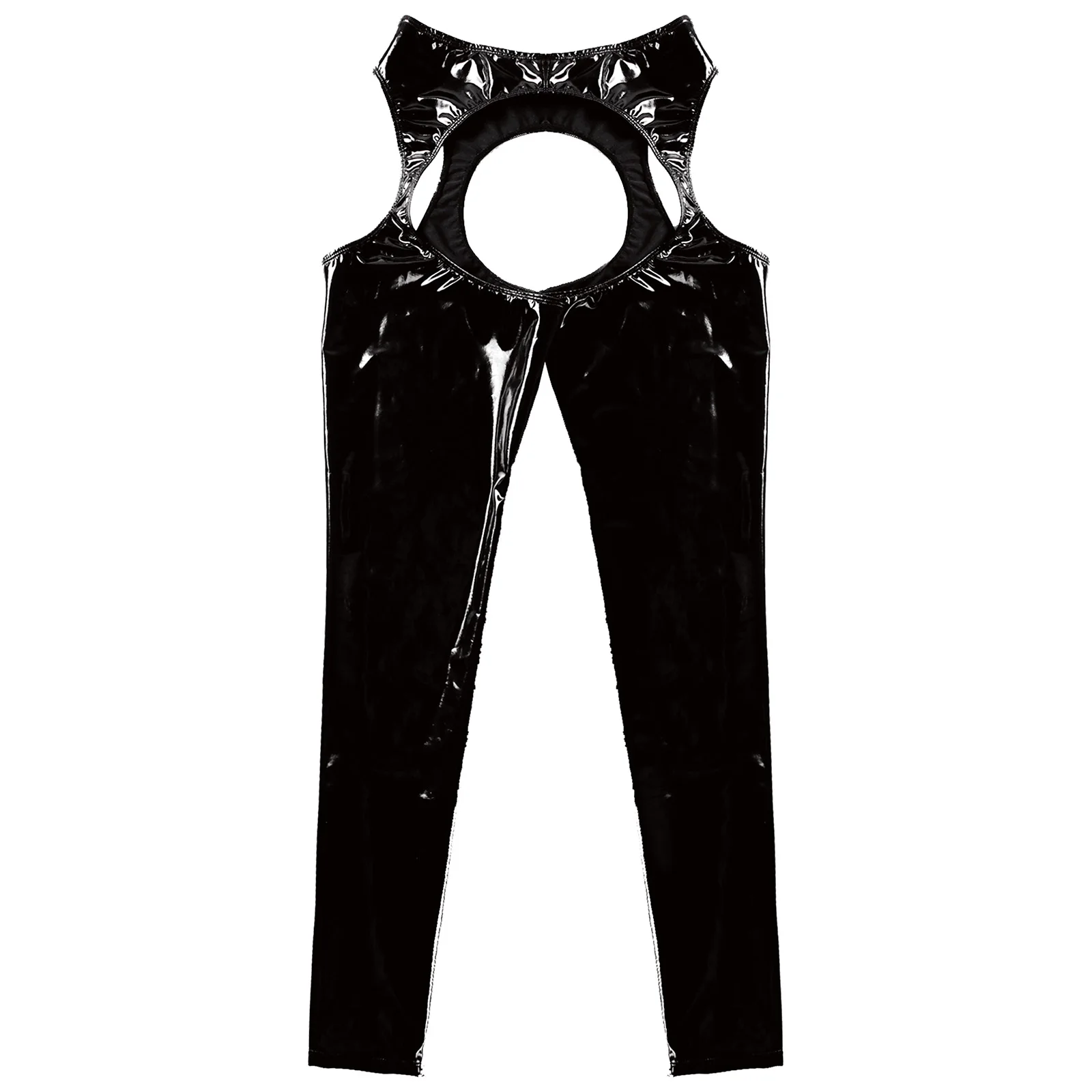 Mens Wetlook Crotchless açık popo pantolon PVC deri uyluk-yüksek tayt pantolon tayt yüksek bel kesme kutup dans pantolon kulübü