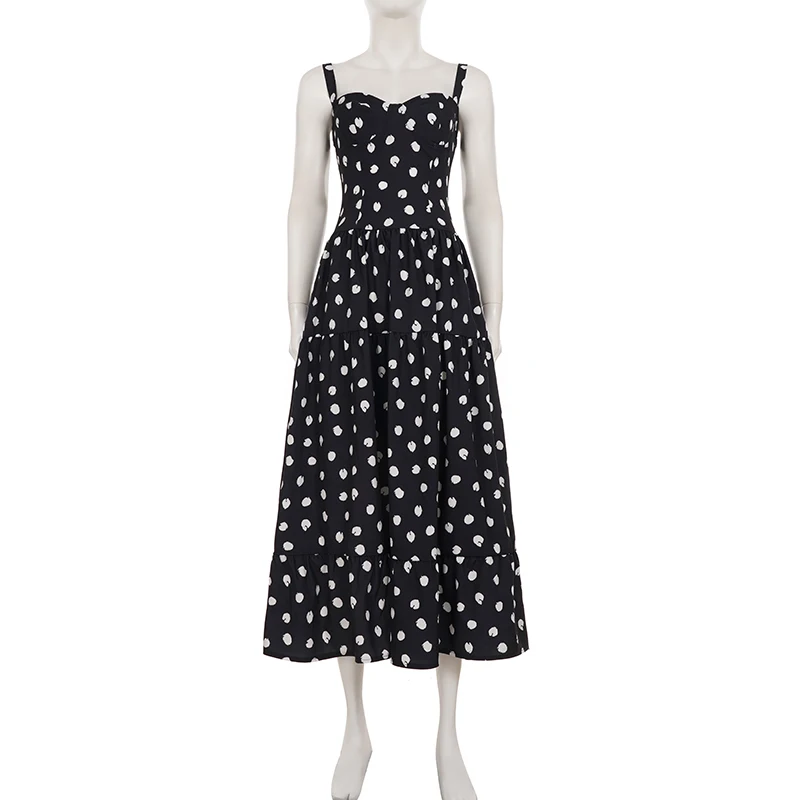 Férias polka dot a linha vestido fino-encaixe slash neck sem mangas maxi vestidos para mulher 2025 verão elegante moda streetwear